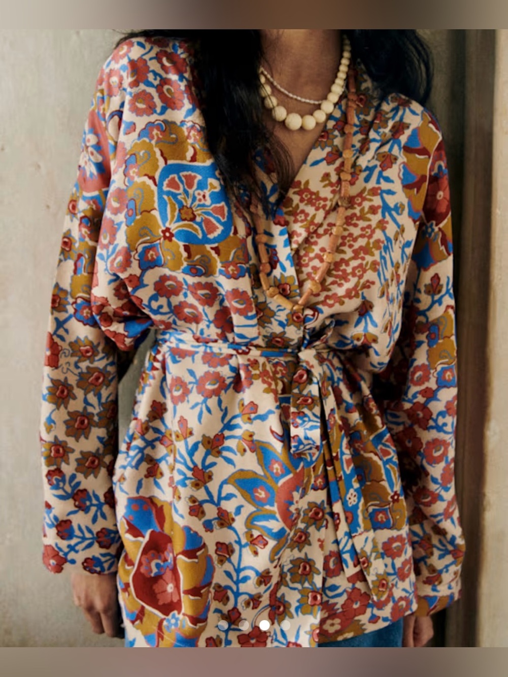 Sezane Floral Tie-Waist Blouse in Cream, Blue, Mustard & Rust